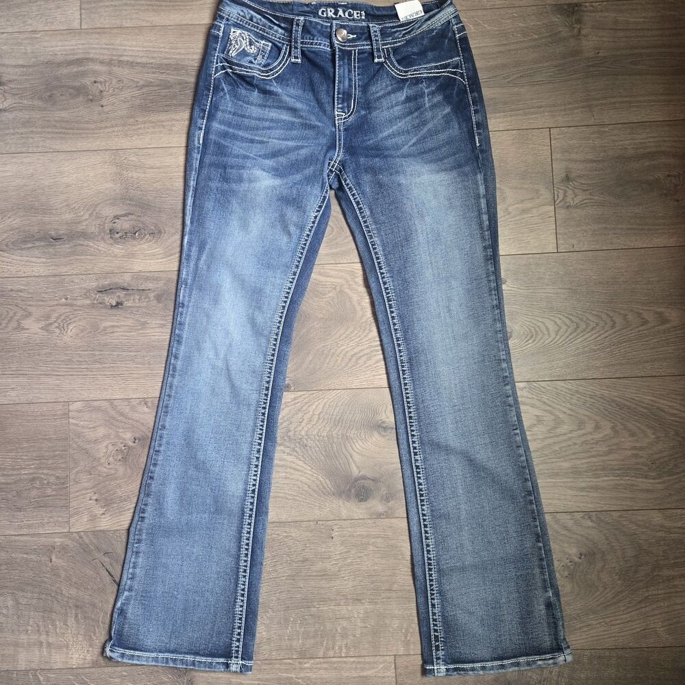 Grace in LA Easy Bootcut Jeans Embroidered Sequined Embellished 5/27 Mid Rise